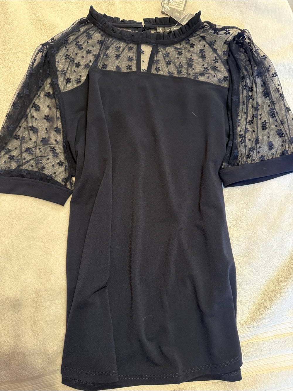 Dark blue Floral short sleeve mesh yoke and ruffle top